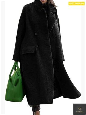Oversized Wool Blend Maxi Pea Coat Double Breasted Notch Lapel Long Trench Warm